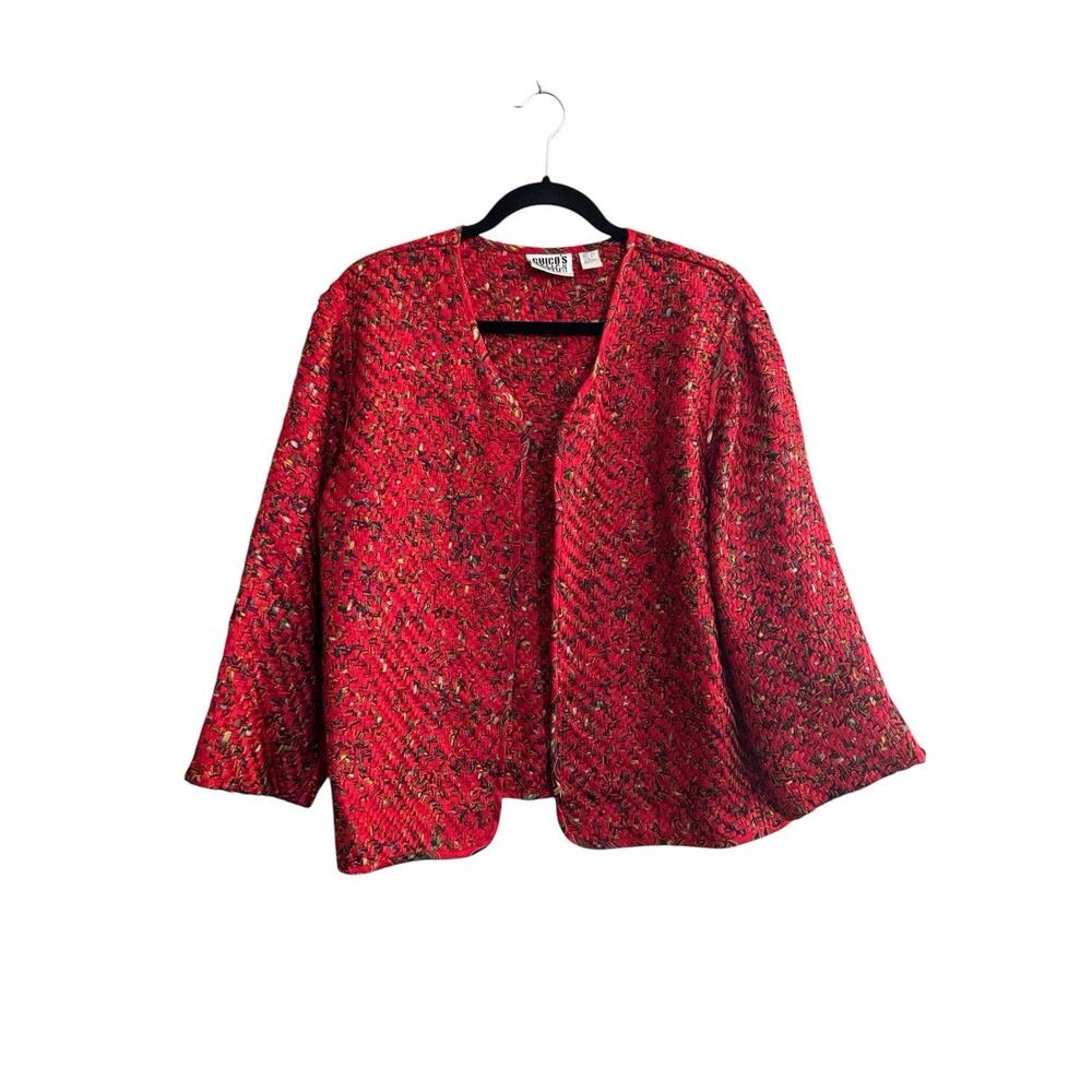 Chico’s Size 2 100% Silk Woven Ribbon Jacket Red Open Front Textured Arts #6649